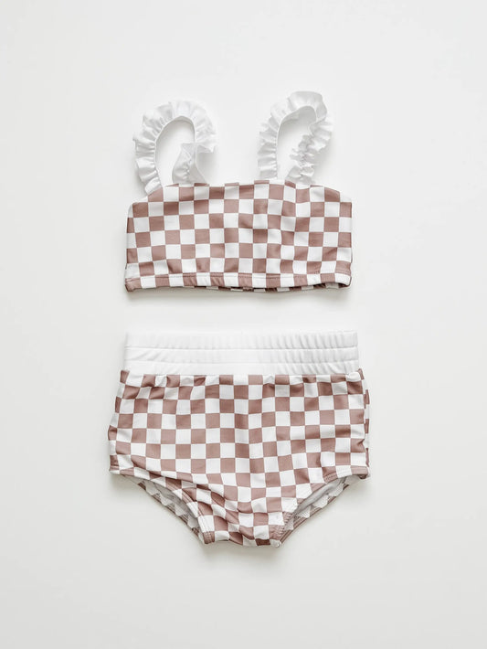 Tan Checkered Ruffle Strap Bikini
